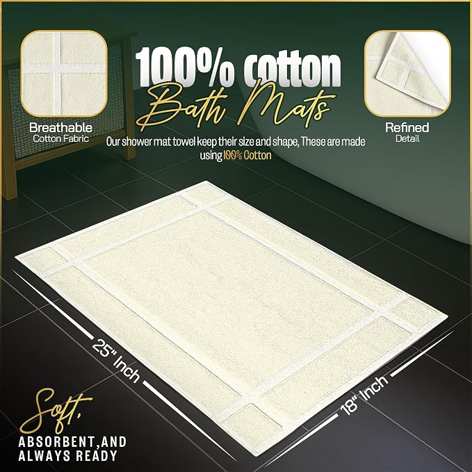Pearl Linens Pack of 6 100% Cotton Bath Mat 18x25 inches, Soft & Absorbent Quick Dry Bathroom Mat Set, Not Bathroom Rugs, After Shower Mat, Bath Tub Mat, 781 GSM, Machine Washable, Ivory