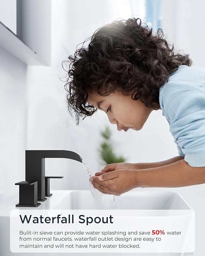 FORIOUS Matte Black Bathroom Faucets 3 Hole, 8 Inch Widespread Square Waterfall Bathroom Sink Faucet with Metal Pop-up Drain and cUPC Supply Lines, Two Handles for Vanity, Restroom, Commercial
