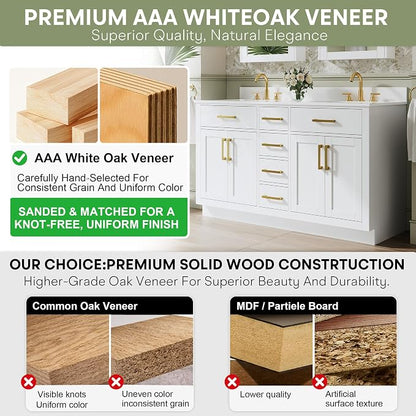 60-Inch Bathroom Vanity with Double Sinks W/ 4 Doors & 4 Drawers & 2 Flip Drawers, White Vanity W/Brushed Gold Handles