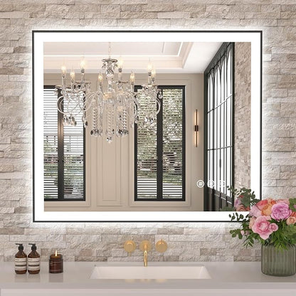 30"x36" LED Bathroom Mirror, Frontlit&Backlit, Controlled Separately | Black Metal Frame, Stepless Dimmable, Anti-Fog, HD Reflection, Shatter-Proof, 3 Colors Lighting, Memory, UL Listed