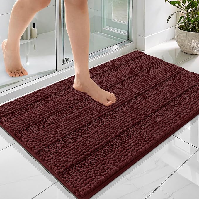 OLANLY Thick Bathroom Rugs 36x24, Chenille Bath Rugs, Andorra Red-Brown | Rubber Backing, Machine Wash, Extra Absorbent Striped Bath Mats for Bathroom Floor, Tub and Shower, Home Decor Accessories