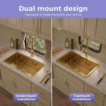 Kitsitchen Gold RV Kitchen Sink 25 x 16, Stainless Steel Single Bowl | 16 Gauge T304 Material Undermount Kitchen Sink, 7" Deep, with Strainer & Bottom Gird,for Outdoor, Bar, Laundry Room and RV