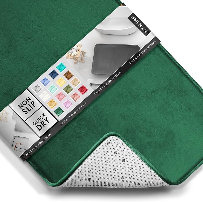 Clara Clark Bathroom Rugs, Velvet Memory Foam Bath Mat, Non-Slip Bath Rugs, Machine Wash, Dries Quickly, Ultra Soft Plush Bath Mats for Bathroom, 24 x 36, Hunter Green