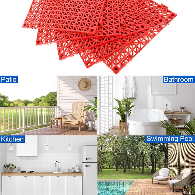 Modular Interlocking Cushion 12 Pack 11.8" x 11.8" Rubber Floor Tiles Non-Slip Splicing Drainage Mats for Deck, Pool, Outdoor Shower, Patio, Balcony, Indoor Bathroom, Kitchen, Yard (Red)