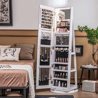 CHARMAID 360° Swivel Jewelry Armoire with Full Length Mirror, Rear Storage Shelves, Lockable Standing Jewelry Cabinet Organizer with Interior Vanity Mirror and 3-Color Lights (White)