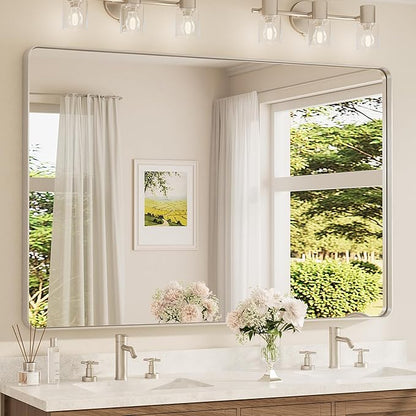 TETOTE 60 x 40 Inch Brushed Nickel Mirror for Bathroom Over Sink Metal Framed Mirror Modern Farmhouse for Living Room Entryway(Horizontal/Vertical)