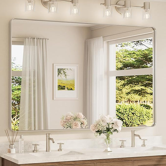 TETOTE 60 x 40 Inch Brushed Nickel Mirror for Bathroom Over Sink Metal Framed Mirror Modern Farmhouse for Living Room Entryway(Horizontal/Vertical)