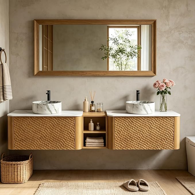 84 Inch Double Vanity with Sink Set, Floating Bathroom Sink Cabinet with Sintered Stone Top&Solid Wood Hammered Frame, Double Bathroom Vanities w/Soft-Close Drawers&1 Side Open Cube