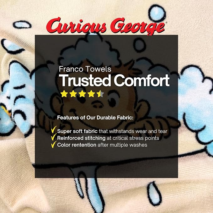 Curious George Monkey Kids Super Soft Bath/Pool/Beach Soft Cotton Terry Hooded Towel Wrap, 24 in x 50 in (100% Officially Licensed Product) By Franco