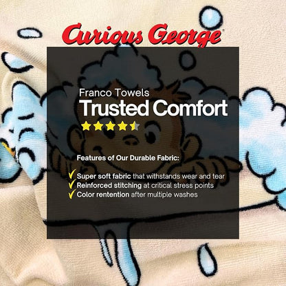 Curious George Monkey Kids Super Soft Bath/Pool/Beach Soft Cotton Terry Hooded Towel Wrap, 24 in x 50 in (100% Officially Licensed Product) By Franco
