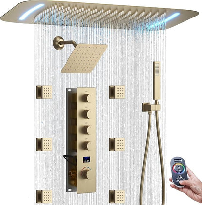 16X26 inch Rainfall Shower System Brushed Gold Shower Faucet Set | Temperature Display Shower Faucet with 6 Body Jet, 8 inch Wall Mounted Shower Head and Handheld Set