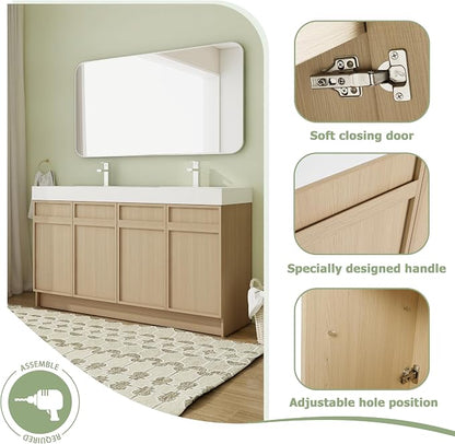 60" Double Sink Freestanding Bathroom Vanity Brown 4-Door Cabinet | Twin basins for master baths, Silent soft-close hardware, Scratch-resistant basins included