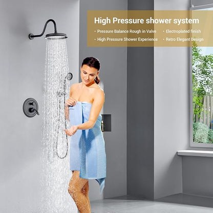 DASAN Rain Shower System Antique Shower Faucet Complete Sets, Shower Fixtures Combo with Pressure Balance Valve, Trim Kit, 9’’ Rainfall Overhead Shower & Handheld, Color Matte Black AT209W-MB