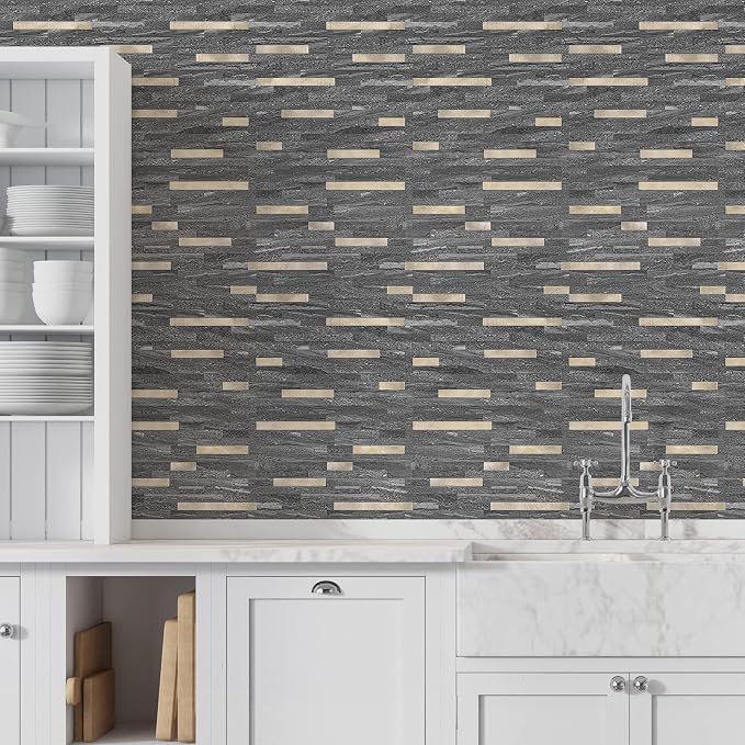 STICKGOO 20 Sheets Peel and Stick Backsplash Tile, Stick on Backsplash for Kitchen and Bathroom, Black Sandstone Look PVC Mixed Metal Gold Self Adhesive Wall Tiles