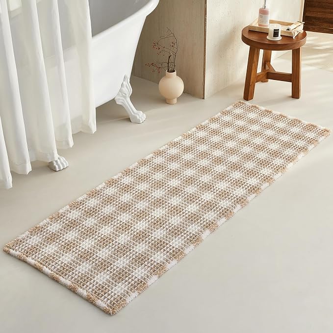 TYUU Waffle Runner Rug Bathroom, Long Boho Bath Mat, 72x24 Khaki & White | Super Absorbent Quick Dry Bath Rug, Non-Slip Backing, Soft Waffle Washable Farmhouse Bathroom Mats, Tub, Shower & Home Decor