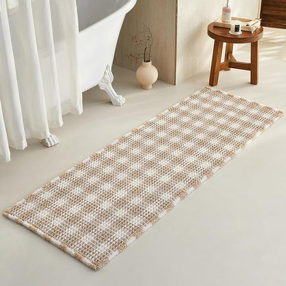 TYUU Waffle Runner Rug Bathroom, Long Boho Bath Mat, 72x24 Khaki & White | Super Absorbent Quick Dry Bath Rug, Non-Slip Backing, Soft Waffle Washable Farmhouse Bathroom Mats, Tub, Shower & Home Decor