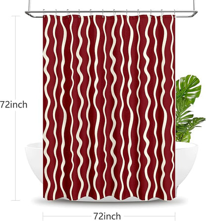 Tititex Cute Curvy Wavy Lines 140gsm Faux Linen Fabric Shower Curtain, Elegant Burgundy Red Wave Striped Shower Curtain Sets Decoration 72x72 Inch with Hooks