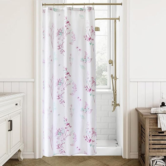 Lavender Purple and White Small Stall Shower Curtain,Waterproof Fabric Lilac and Sage Green Cottagecore Girls Shower Curtains for Bathroom Set with Hooks 36x72