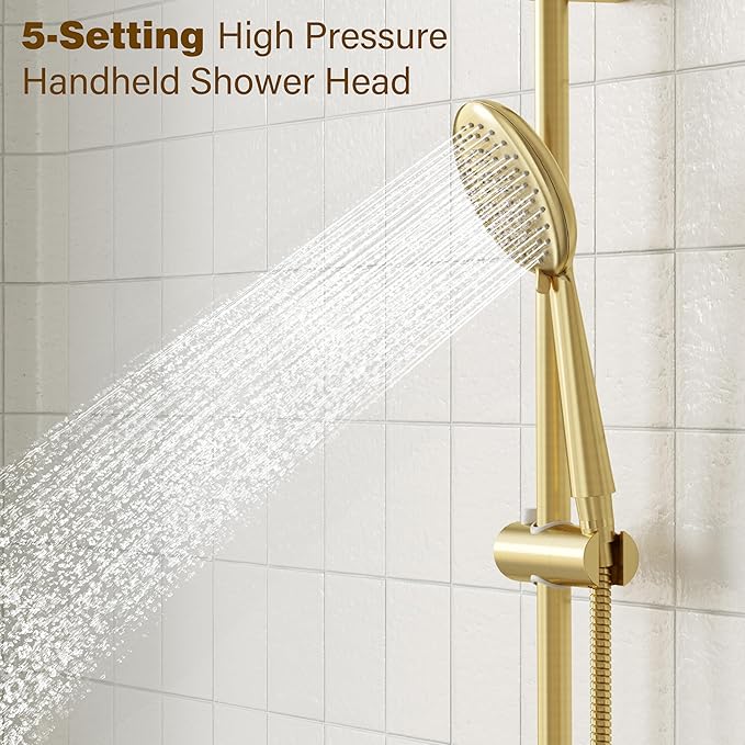 Gabrylly Shower System, High Pressure 12" Rain Shower Head with Handheld Shower, Wall Mounted Slide Bar Shower Faucet Set Complete, Shower Combo Set with Shower Valve,Brushed Gold