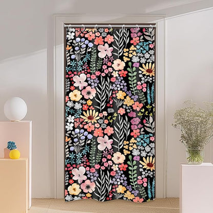Small Stall Narrow Half Single Floral Stand Up Bathroom Shower Curtain Set | 36"W x 72"H Black Leaves; waterproof HD print, quick-dry fabric with 12 hooks for easy hanging.