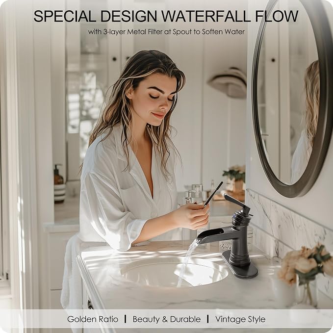 Brass Oil Rubbed Bronze Bathroom Faucet Waterfall Bathroom Sink Faucet 1 Hole or 4 Inch 3 Hole, Single Handle with Deck Plate, Pop-up Drain, cUPC Supply Lines for Vanity, 5 Mins Quick Install