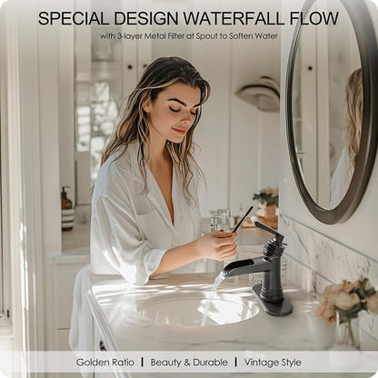 Brass Oil Rubbed Bronze Bathroom Faucet Waterfall Bathroom Sink Faucet 1 Hole or 4 Inch 3 Hole, Single Handle with Deck Plate, Pop-up Drain, cUPC Supply Lines for Vanity, 5 Mins Quick Install