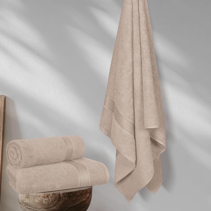 Cotton 2 Pack Oversized Bath Towel Set 28x55 inches, Large Bath Towels, Ultra Absorbant Compact Quickdry & Lightweight Towel, Ideal for Gym Travel Camp Pool - Tan