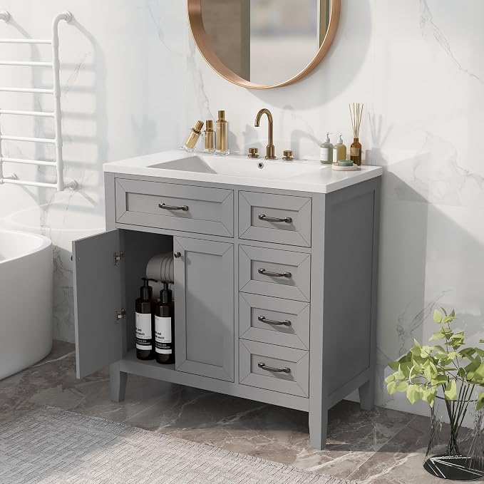 36 Inch Bathroom Vanities with Undermount Ceramic Sink, Storage Cabinet with Soft Closing Doors and Three Drawers, Solid Wood Frame, Gray