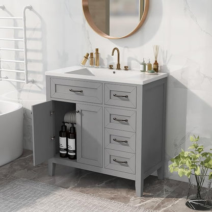 36 Inch Bathroom Vanities with Undermount Ceramic Sink, Storage Cabinet with Soft Closing Doors and Three Drawers, Solid Wood Frame, Gray
