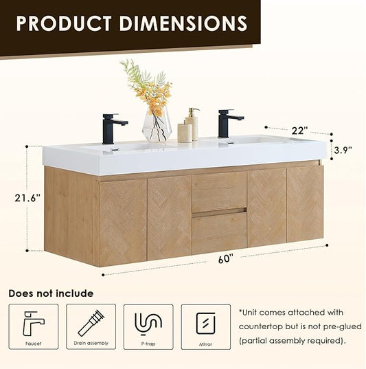 60 Inch Floating Sink Bathroom Vanity Wall Mount Double Vanities Overflow Mordern Large Storge Cabinet with Ceramic Countertop Double Soft Closing Drawers Pre-Assembled
