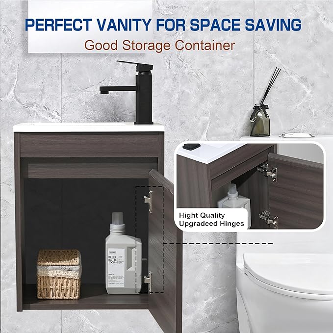 16" Bathroom Vanity Sink Combo for Small Space, Wall Mounted Bathroom Cabinet Set with White Resin Basin Sink Top Black Faucet Pop Up Drain Dark Walnut