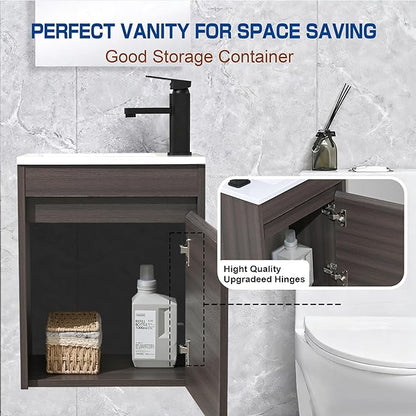16" Bathroom Vanity Sink Combo for Small Space, Wall Mounted Bathroom Cabinet Set with White Resin Basin Sink Top Black Faucet Pop Up Drain Dark Walnut