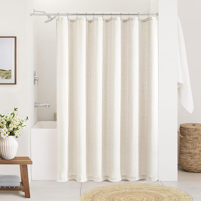 Cream Linen Shower Curtain for Bathroom Water Repellent 72x66 Inch | Neutral Ivory, Shower Curtain 66 Inches Long, Basement, Earth Tone, Boho Shabby Chic Country, Cloth Drapes, 72 x 66 Inches