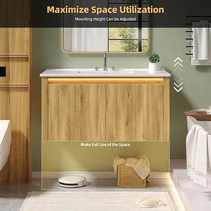 ONBRILL Modern Bathroom Vanity with Sink, Floating Bathroom Vanities with Auto Motion Sensor LED Light, 3 Hole Integrated Ceramic Basin & Soft Closing Doors for Small Space, Hotel (36",Nature)