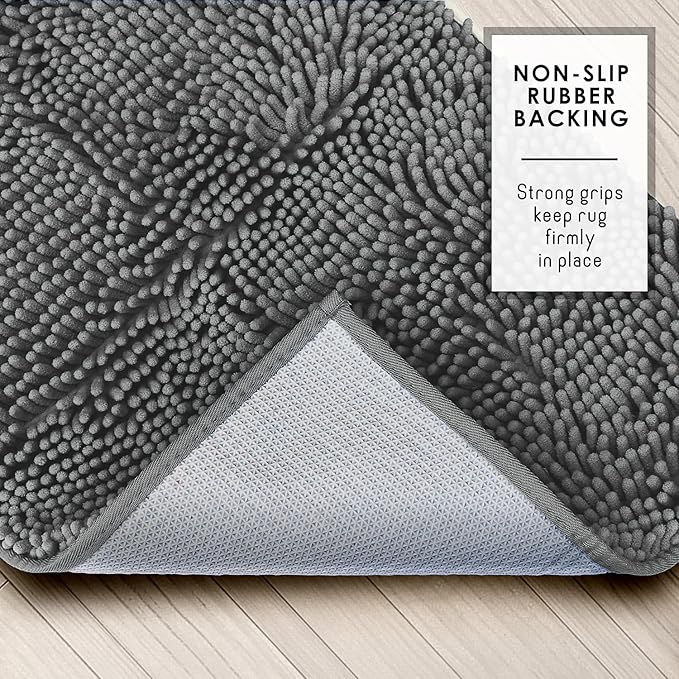 Hearth & Harbor Bathroom Rugs, Chenille Bath Mat - Machine Washable Bath Mats for Bathroom Non-Slip Backing Rubber, Quick Dry Bathroom Mat - Grey 17x24-20x24