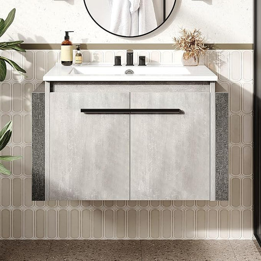 YITAHOME 24 Inch Floating Bathroom Vanity with Sink, Grey Wall Mounted Modern Bathroom Vanity, Bathroom Cabinet Vanity with Double Extra Large Doors