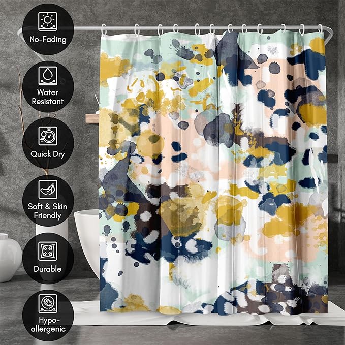 Americanflat 71x74 Abstract Shower Curtain - Water-Resistant Long Shower Curtain with Metal Grommets and 12 Hooks - 100% Polyester - Navy Blue, Yellow, Blush Pink, Mint Green, Charcoal and White