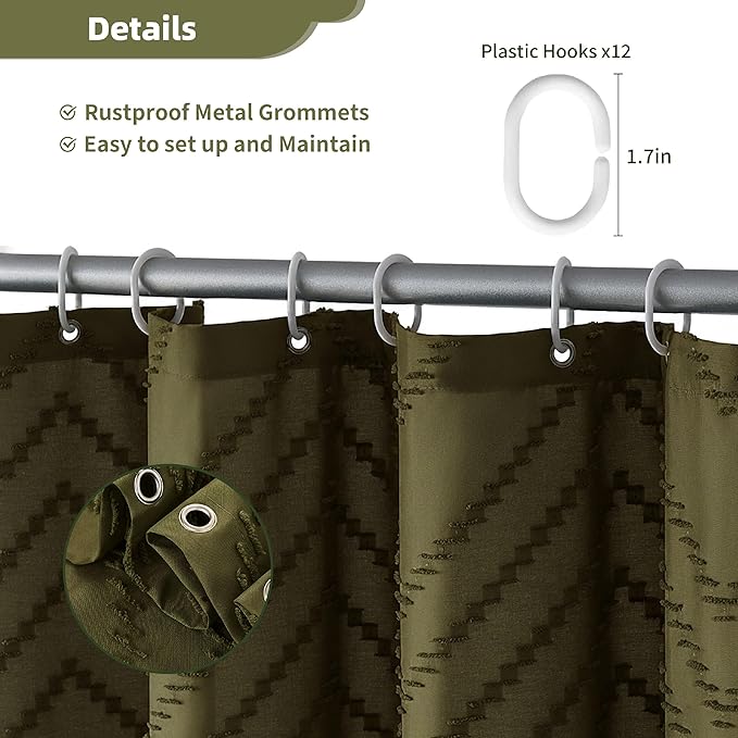 Siiluminisoy Extra Long Olive Green Boho Shower Curtain with Tassel, Woven Fabric 90 in Shower Curtain, Tufted Chevron Striped, 72 x 90, Modern Chic Textured Minimalist Bathroom Shower