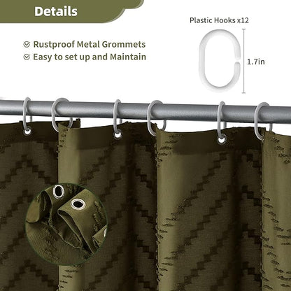 Siiluminisoy Extra Long Olive Green Boho Shower Curtain with Tassel, Woven Fabric 90 in Shower Curtain, Tufted Chevron Striped, 72 x 90, Modern Chic Textured Minimalist Bathroom Shower