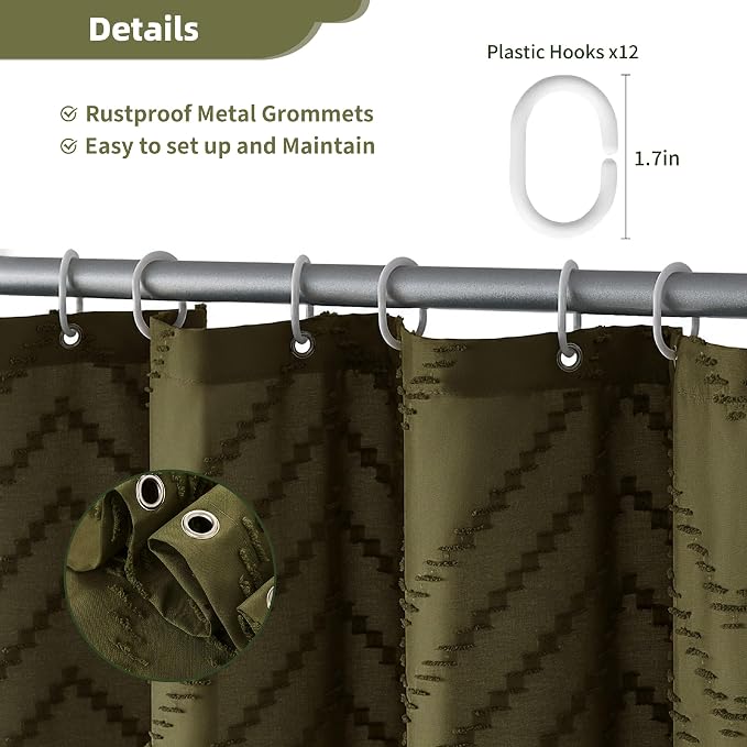 Siiluminisoy Extra Long Olive Green Boho Shower Curtain with Tassel, Woven Fabric 84 in Shower Curtain, Tufted Chevron Striped, 72 x 84, Modern Chic Textured Minimalist Bathroom Shower