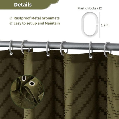 Siiluminisoy Extra Long Olive Green Boho Shower Curtain with Tassel, Woven Fabric 84 in Shower Curtain, Tufted Chevron Striped, 72 x 84, Modern Chic Textured Minimalist Bathroom Shower