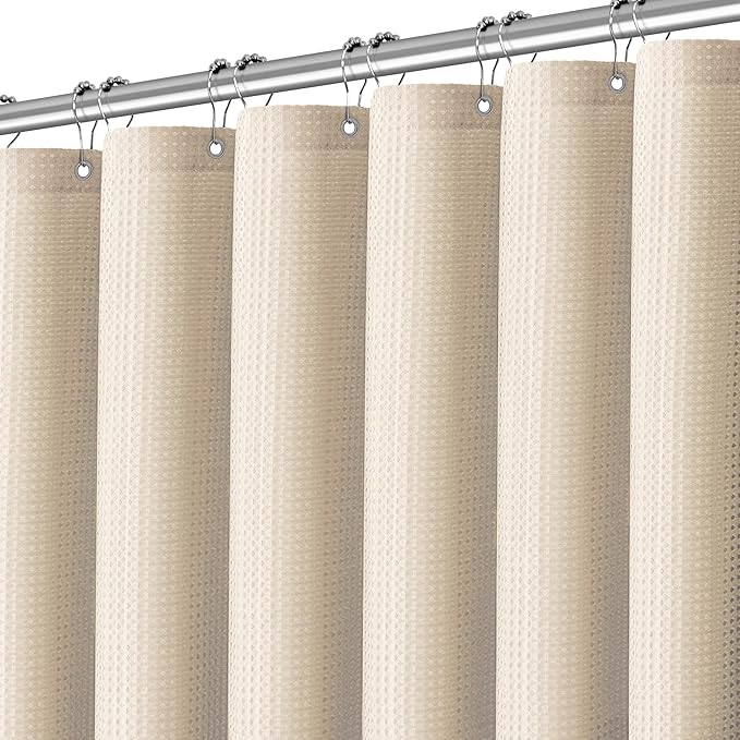 Beige Fabric Shower Curtain - Waffle Textured Heavy Duty Shower Curtains for Bathroom, 256GSM Hotel Spa Luxury Weighted Bath Curtain with 12 Hooks, 72x78, Beige