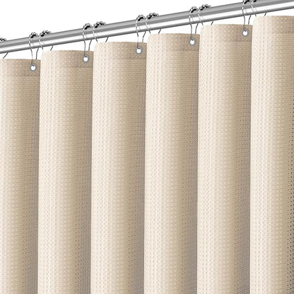 Beige Fabric Shower Curtain - Waffle Textured Heavy Duty Shower Curtains for Bathroom, 256GSM Hotel Spa Luxury Weighted Bath Curtain with 12 Hooks, 72x84, Beige