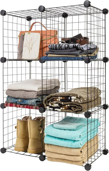 IRIS USA 6-Cube Modular Wire Cube Storage Organizer, Adjustable & Expandable Metal Shelving for Closet, Bathroom & Home Storage, Stackable Wire Grid, Black