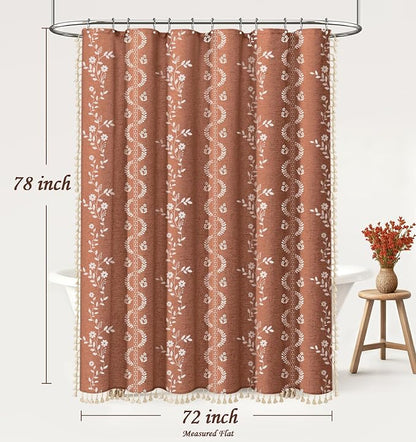 Boho Terracotta Vintage Shower Curtain with Tassels | 72 x 78 Inch,Bohemian Floral Linen Fabric Pattern Curtain Curtain For Bathroom
