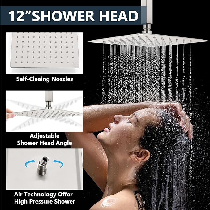 Aolemi Shower Faucet Set Ceiling Mount Shower System Rough-in Valve and Shower Trim Kit 2 in 1 Handheld Spray Push Button Diverter 12 and 6 Inch Dual Shower Head Brushed Nickel