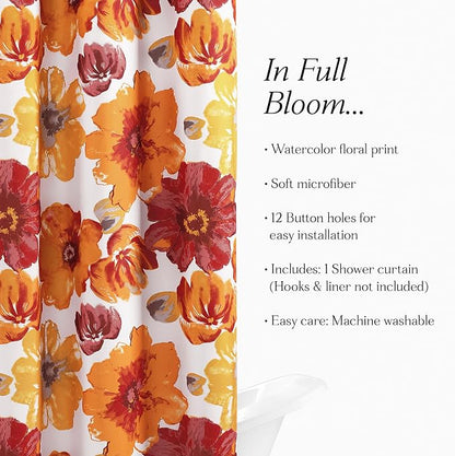 Lush Decor Leah Floral Shower Curtain, 72" W x 72" L, Red & Orange - Fabric Shower Curtains - Watercolor Botanical Bathroom Curtain - Farmhouse & French Country Decor