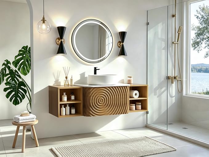48" Floating Bathroom Vanity with Sink, Mid-Century Wall Mounted Bathroom Vanity Cabinet with Wood Waved Decor,Ceramic Vessel Basin and Sintered Stone Top, Soft Close Drawer, 2 Side Open Cube