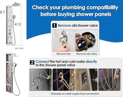 ROVOGO Tempered Glass Shower Panel System with Rainfall Shower, 6 Body Jets, Handheld Wand and Tub Spout, Shower Tower with Height Adjustable Shower Arm, White