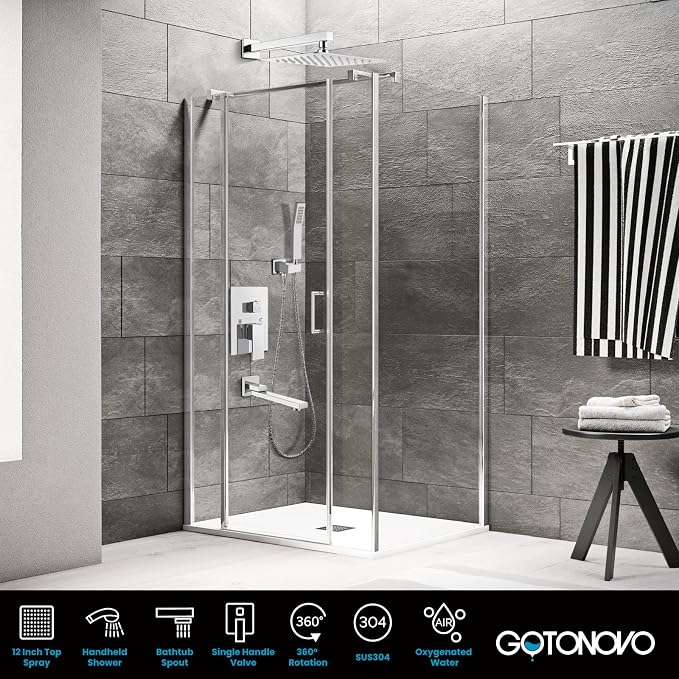 gotonovo Tub Shower Faucet Set with Valve Kit 12’’ Head,Polished Chrome | Shower System with Tub Spout,SUS304 Rain Head with Handheld Sprayer,Swivel Spout,All Metal,Rough-In Valve Trim Kit,Wall Mount